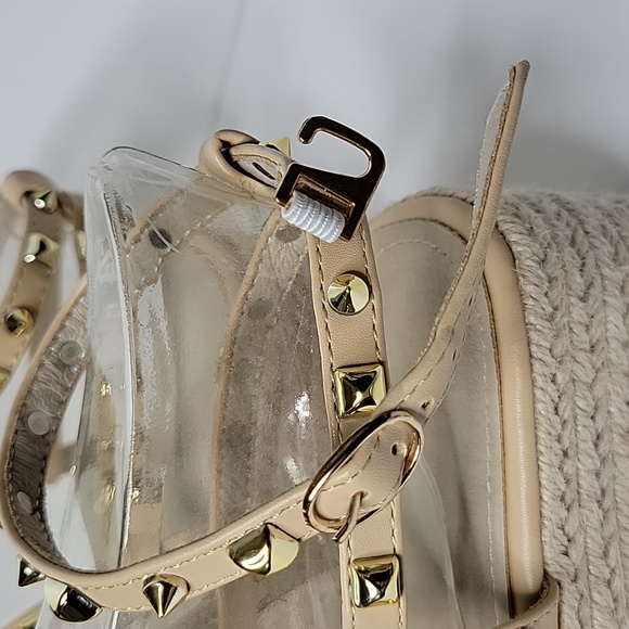 NWOT Espadrille Platform Sandals Tan with Gold Tone Studding - Picture 2 of 4